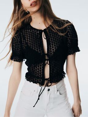 H&M Black Lace Tie-Front Crochet Crop Top